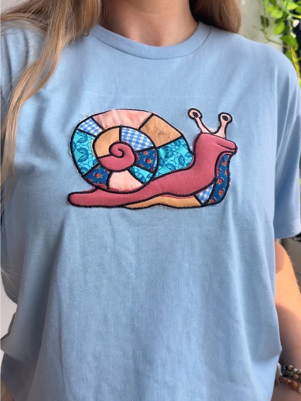 NWT Light Blue Snail Patchwork Embroidered Graphic Crop Boxy Tee